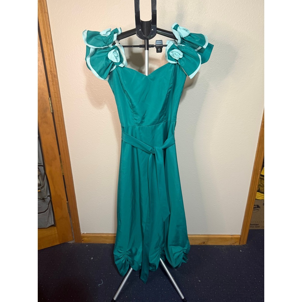 Vintage 80s Teal Green Ruffle‎ Rosette Bubble Hem Prom Party Dress ILGWU Size 12